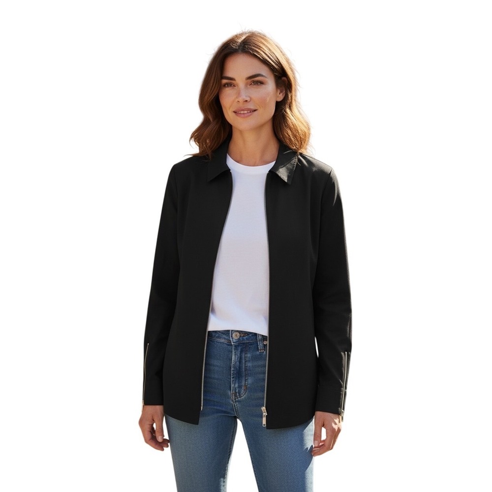 Lafayette 148 New York Black Zip Front Stretch Jacket Blouse Womens 2